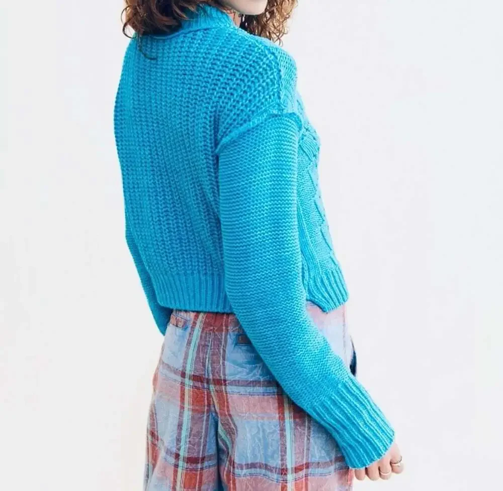 NWT Free People Bell Song Teal Cropped Ribbed Pullover Sweater Size S